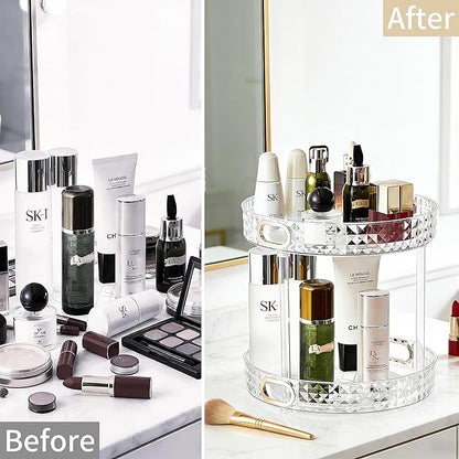HsaExtriva 360 Rotating Makeup Organizer for Vanity, 2 Tier Diamond Patterned Perfume Organizer for Women, Large Capacity Skincare Lotion Cosmetic Storage Dresser Bathroom Countertop Lazy Susan, Clear