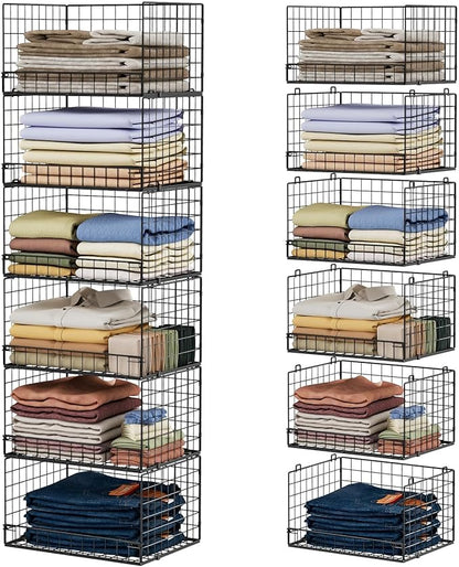 6-Tier Stackable Closet Organizers and Storage Shelves, Closet Shelf Organizer Basket Bins, Foldable Sweater Storage for Clothes Organizer System, Black（Patent Pending）