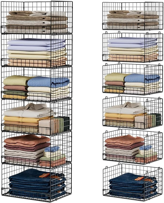 6-Tier Stackable Closet Organizers and Storage Shelves, Closet Shelf Organizer Basket Bins, Foldable Sweater Storage for Clothes Organizer System, Black（Patent Pending）