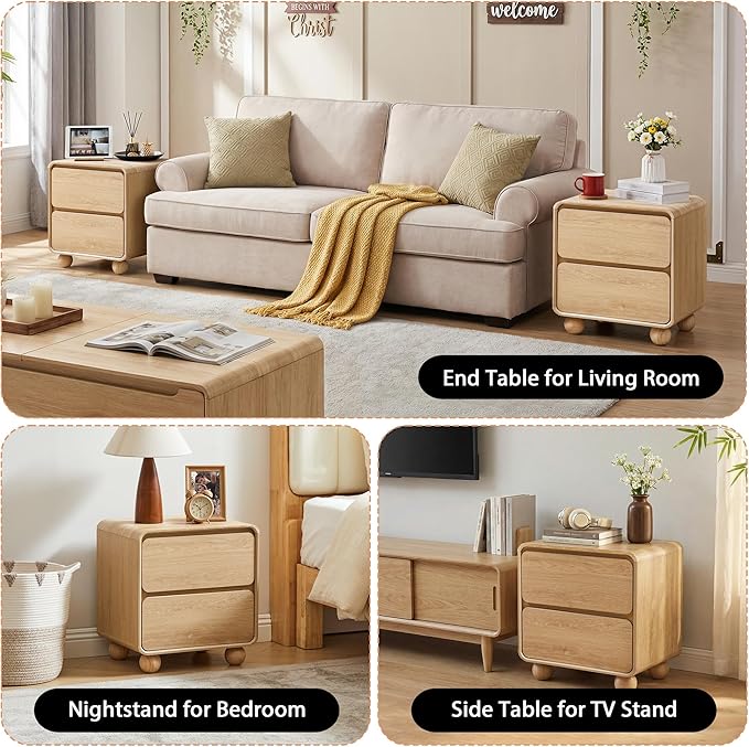 Small Night Stand Set of 2, Mid Century Modern Nightstands with 2 Drawers and Solid Wood Legs, 2 Drawer Dresser Curved Profile Design End Table Side Table for Small Space, Dorm, Bedroom(Natural)