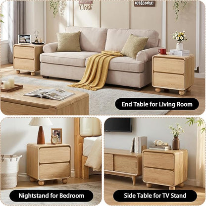Small Night Stand Set of 2, Mid Century Modern Nightstands with 2 Drawers and Solid Wood Legs, 2 Drawer Dresser Curved Profile Design End Table Side Table for Small Space, Dorm, Bedroom(Natural)