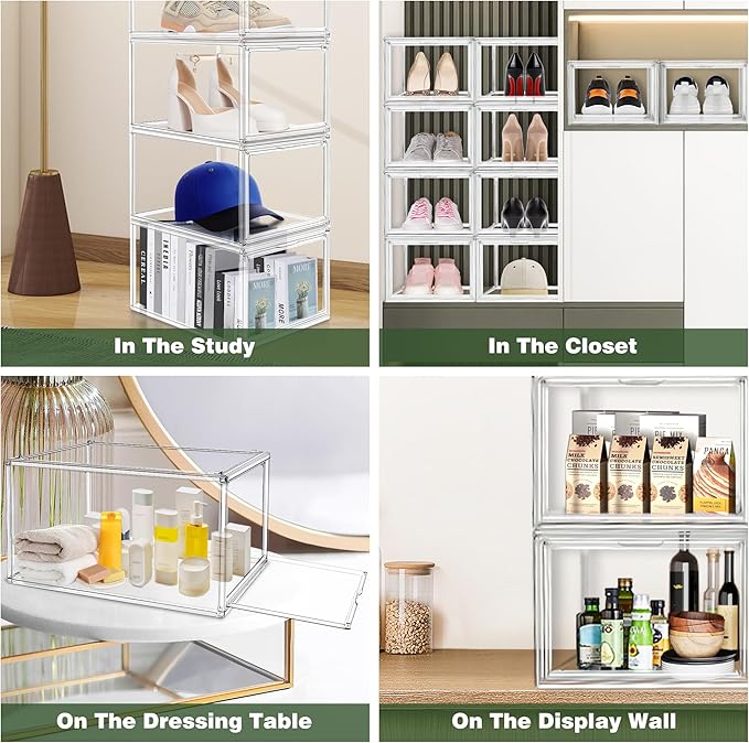 EDS FAM 1 Pack Drop Front Acrylic Shoe Boxes with Magnetic Door Size 12, Clear Stackable Shoe Organizers Sneaker Display Cases for Closet, Entryway, Underbed, Multiple Display Cases for Caps, Figures