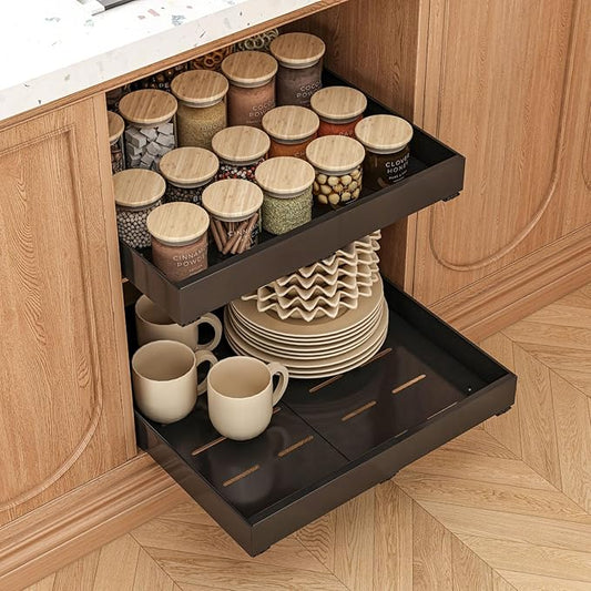 THMINS 2 Pack Expandable Pull Out Cabinet Organizer, 21" Depth, for Kitchen Cabinets, Upgrade 3 Slide Slide-Out Drawers, Adjustable Width 12.05" - 20.5", Black