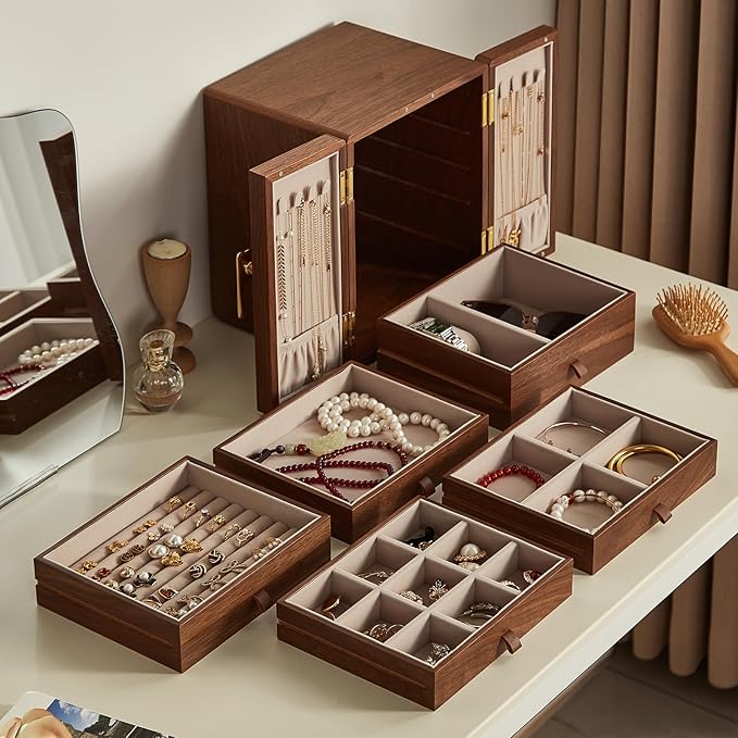 Homruilink Wooden Jewelry Box 5 Layer Black Walnut Large Jewelry Organizer with Brass Handle for Necklaces Rings Earrings Watches Storage, Valentines Day Gifts for Her(7.9x8.7x10.0inches)