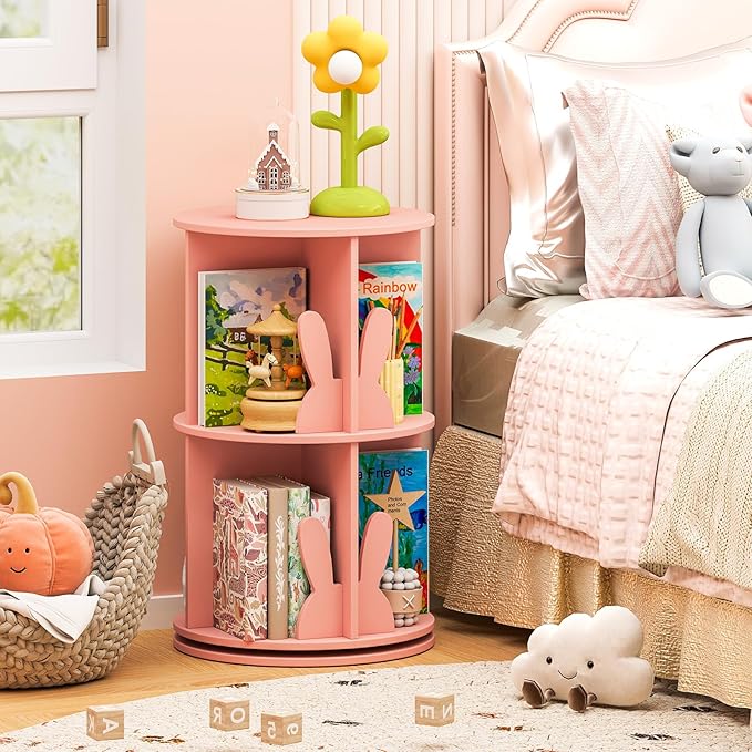 HONEY JOY Kids Rotating Bookshelf, Wooden Spinning Small Corner Organizer w/Baffles, 360°Display Standing Toddler Bookshelf, Narrow Storage Rack, Montessori Book Shelf for Nursery, Playroom (Pink)