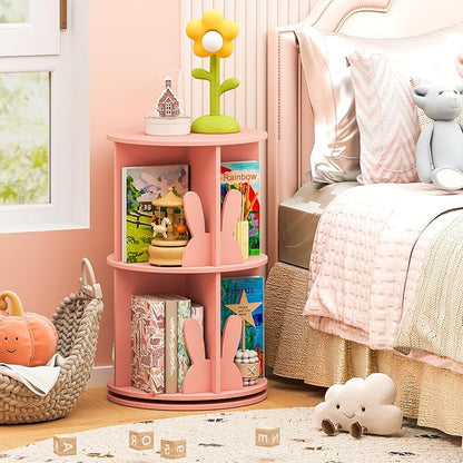 HONEY JOY Kids Rotating Bookshelf, Wooden Spinning Small Corner Organizer w/Baffles, 360°Display Standing Toddler Bookshelf, Narrow Storage Rack, Montessori Book Shelf for Nursery, Playroom (Pink)
