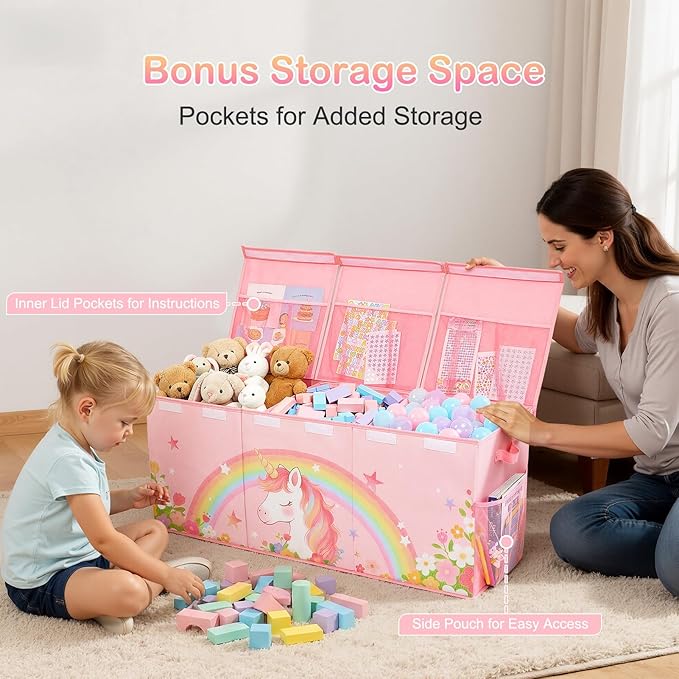 Unicorn Castle Toy Box with Adjustable Divider Toy Chest Storage Large Toy Storage Organizer Bin Collapsible with Lid Pockets for Nursery Playroom,Pink Unicorn