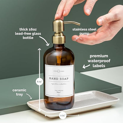 Vine Creations Amber Glass Soap Dispenser, 2 Pack Kitchen Soap Dispenser Set with Ceramic Tray, Stainless Steel Pump, Dish Soap and Hand Soap Dispensers for Bathroom Decor with Waterproof Labels