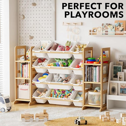 SpaceAid Toy Storage Organizer with 6 Shelves and 12 Bins, Bookshelf/Bookcase, Kids Bin Shelf, Toys Box for Playroom Organization for Bedroom & Room Decor, White, 52.3" W
