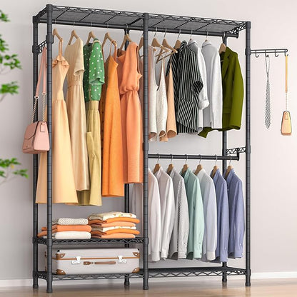 Heavy Duty Garment Rack, 3 Tiers Metal Adjustable Wire Shelves Closet Organizer and Storage Wardrobe Clothing Rack for Hanging Clothes with 2 Hanger Rods, Max Load 800LBS, Black