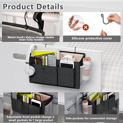 Edudif Bedside Caddy Bedside Organizer with Fixed Straps & Water Bottle Holder, Bunk Bed Caddy ideal for Home, Dorm, Hospital, Crib, Versatile Bedside Storage Solution (Black 2pcs)