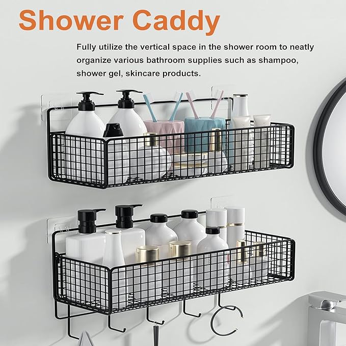 Metal Hanging Baskets 2-Pack - Wire Wall Storage Organizer with Hooks, Adhesive Shelves for Kitchen, Bathroom, Pantry (Spice Rack, Cabinet Organizer, Shower Caddy) Garage RV Black