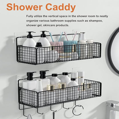 Metal Hanging Baskets 2-Pack - Wire Wall Storage Organizer with Hooks, Adhesive Shelves for Kitchen, Bathroom, Pantry (Spice Rack, Cabinet Organizer, Shower Caddy) Garage RV Black