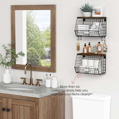 Hanging Wall Fruit Basket for Kitchen Counter 2 Pack, Stackable Wire Baskets for Organizing with Wood Lid, Potato and Onion Storage Bin with Banana Hook for Vegetable Produce, Black + Rustic