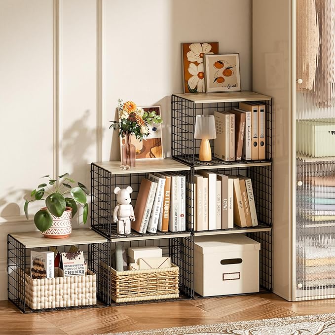 Wider Stackable Closet Organizers and Storage with Wood Top, 3 Pack Closet Shelf Organizer, Double Storage Design, Clothes Storage Cube/Bins Organizer for Wardrobe, Space-Saving, Black,Sturdy,Metal