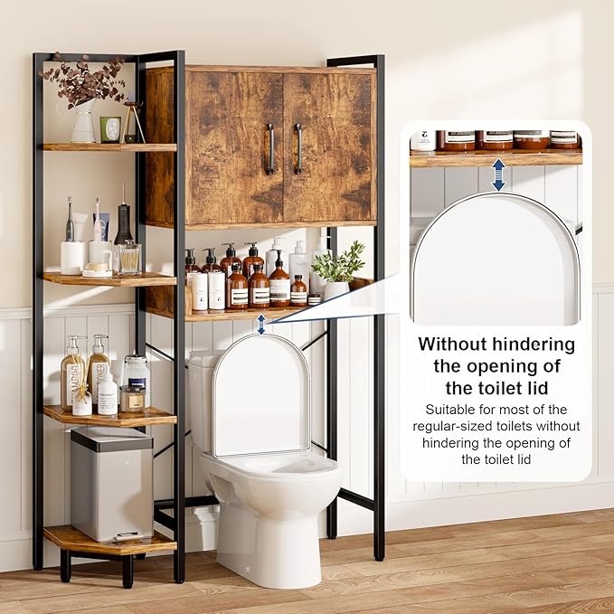 Roxibelt K2 Heavy Duty 7-Tier Over The Toilet Storage Cabinet（With Magnetic Doors & Adjustable Feet）Freestanding Above Toilet Shelf，Space Saver Bathroom Organizer 9.3"D x 31.5"W x 67.2"H，Rustic Brown
