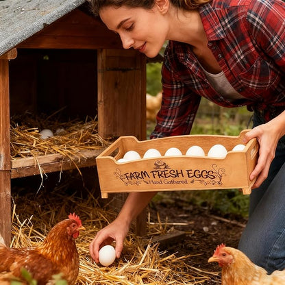 Wooden Farm Fresh Egg Holder Set of 2, Stackable Egg Trays with 12 Slots (24 Total), Brown Countertop Organizer for Fresh Eggs, 2-Tier Kitchen Counter Storage Eggs Crate