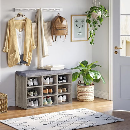DINZI LVJ Shoe Bench, 9 Cubbies Shoe Organizer for Entryway, Storage Bench with Cushion, Cubby Shoe Rack with Adjustable Shelves for Living Room, Bedroom, Mudroom, Hallway, Gray Wash