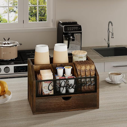 YINMIT Coffee Station Organizer with Drawer for Countertop, Wood Coffee Bar Organizer with Removable Dividers for Pods, Syrup, Cups, Stirrer, Office Bar Accessories (Iron Mesh-Vintage Brown, 2 Tier)