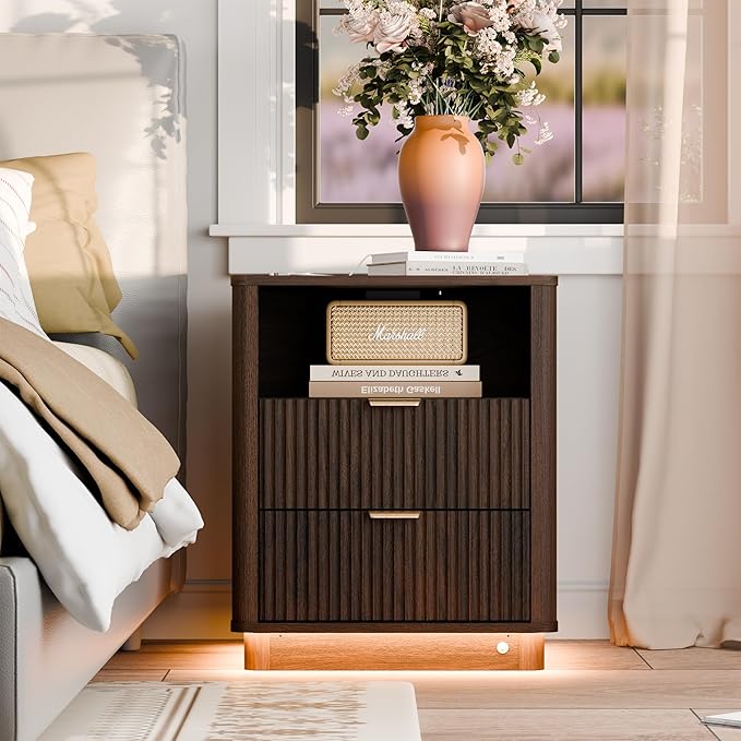 BONITURE Fluted Nightstand, Curved Night Stand with Charging Station Lighting, Wood End Table with 2 Drawers, Modern Side Table Storage Cabinet for Bedroom Office,(1, Walnut)