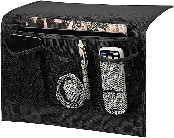 Surblue Bedside Caddy 4 Pockets Bedside Storage Organizer for TV Remote Control Phone Glasses Magazine (Black)