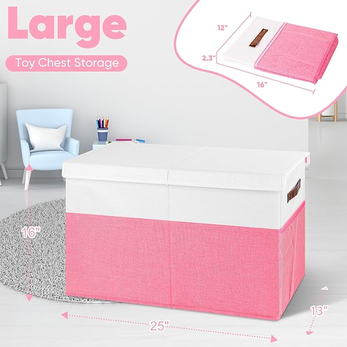 Large Toy Box, Collapsible Sturdy Storage Organize Chest Boxes With Lids, 25"x13"x16" Kids Toy Chest Bin Baskets for Living Room, Bedroom, Nursery, White & Pink
