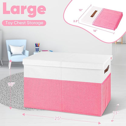 Large Toy Box, Collapsible Sturdy Storage Organize Chest Boxes With Lids, 25"x13"x16" Kids Toy Chest Bin Baskets for Living Room, Bedroom, Nursery, White & Pink