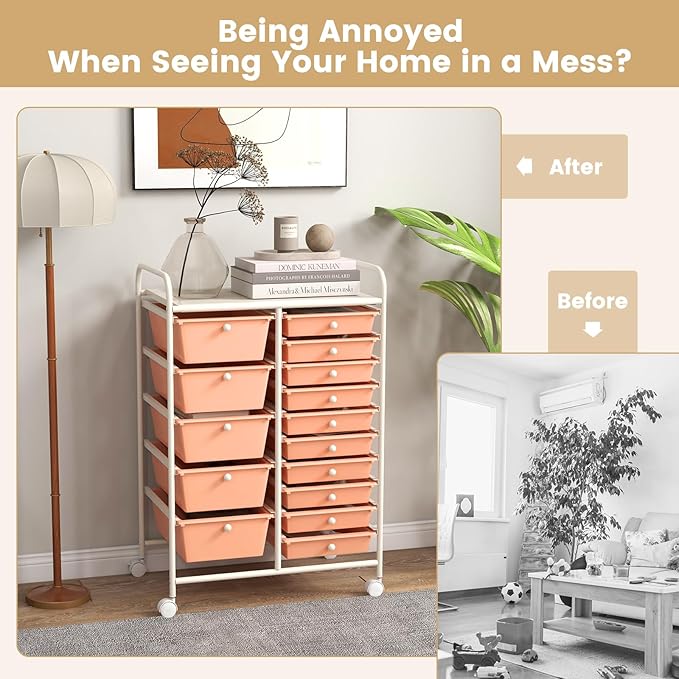 ARLIME 15-Drawer Storage Cart, 15 Drawer Trolley, Rolling Organizer Cart, Scrapbook Paper Organizer, Suitable for Office and School, Rolling Office Storage Tools (Peach)