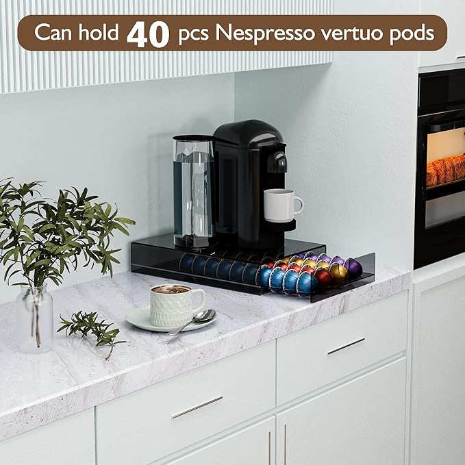 BXINREDA Acrylic Coffee Pod Organizer for Nespresso Vertuo Pod Holder 40 Pods transparent black Vertuo Pod Storage Drawer (1 Tier)