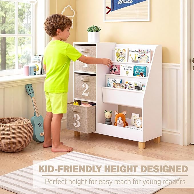 Spirich Kids Bookshelf with Storage Bins, Children Cube Storage Organizer, Montessori 3-Tier Book Display Rack, Book Shelf for Kids Rooms, Playroom, Nursery, White