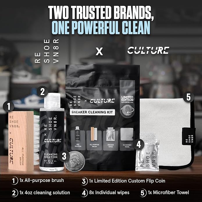 RESHOEVN8R x Culture Shoe Cleaning Kit with Collectible Coin - Sneaker Cleaner Set for Mesh, Canvas, Suede, Knit, Leather Shoes - 4oz Shoe Cleaner Solution, Brush, Sneaker Wipes, Microfiber Towel