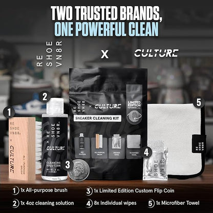 RESHOEVN8R x Culture Shoe Cleaning Kit with Collectible Coin - Sneaker Cleaner Set for Mesh, Canvas, Suede, Knit, Leather Shoes - 4oz Shoe Cleaner Solution, Brush, Sneaker Wipes, Microfiber Towel