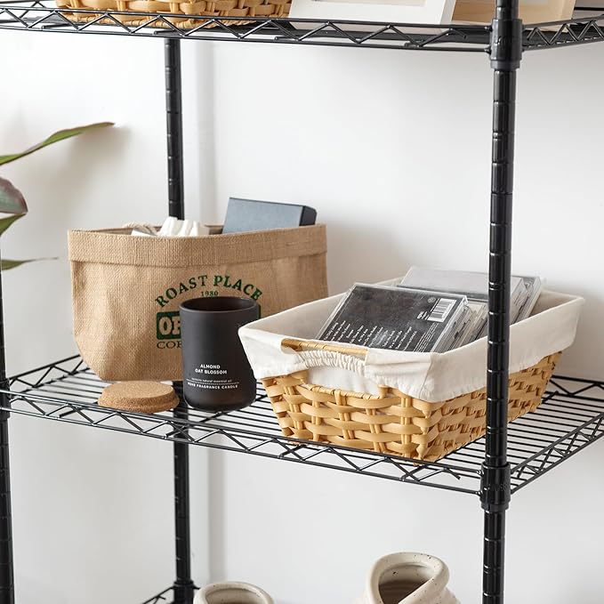 JS HANGER Wicker Storage Basket with Liners, Set of 2, Washable Waterproof, 12.6" L x 8.7" W x 4.3" H, Woven Basket for Pantry, Toilet, Bathroom, Bedroom, Patio,Natrual