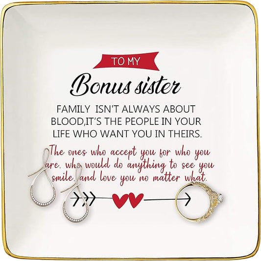 Topthink Bonus Sister Gift Birthday Christmas Mothers Day Graduation Gift for Sister in Law,Step Sister,Unbiological Sister,Best Friend,BFF Family Isn t Always About Blood Jewelry Holder Ring