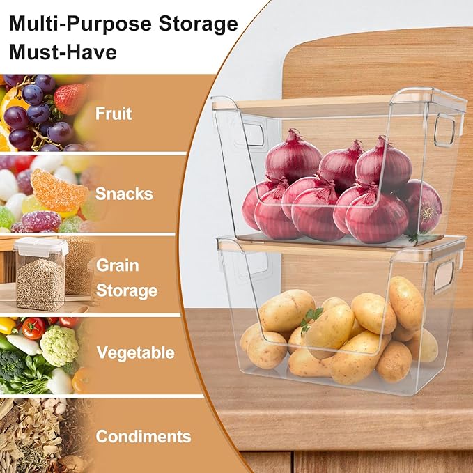 2 Pack Pantry Organizers Storage for Kitchen, Storage Bins with Bamboo Lids, Large Capacity, Clear Stackable Storage Containers forHome, Cabinet, Shelf, Food Storage & Fridge Organization