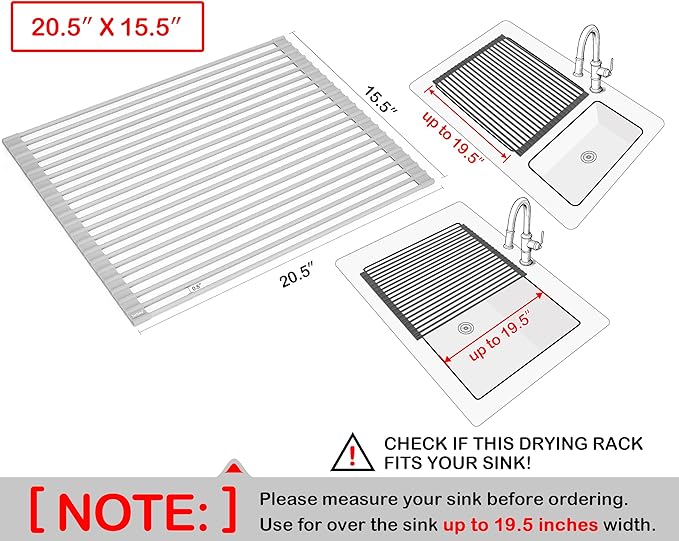 Surpahs 20.5 x 15.5 Inch Roll-Up Dish Drying Rack, Fits Sinks up to 19.5 Inch Wide, Heavy-Duty Premium Silicone, Strong Support, Non-Slip, Heat-Resistant, Warm Gray