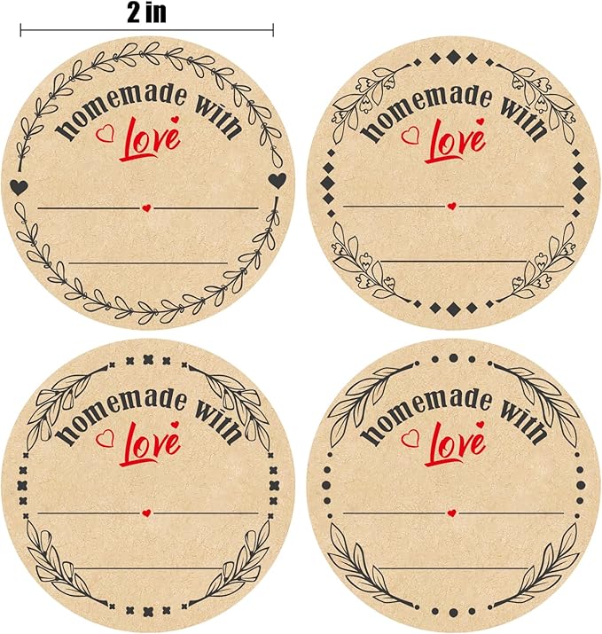 2" Homemade with Love Stickers, 4 Different Wreath Designs, Kraft Jar Canning Label Stickers for Baked Packaging, Cookie Bags, Fudge Containers, Store Owners, Crafts, Organizing, Price Tags