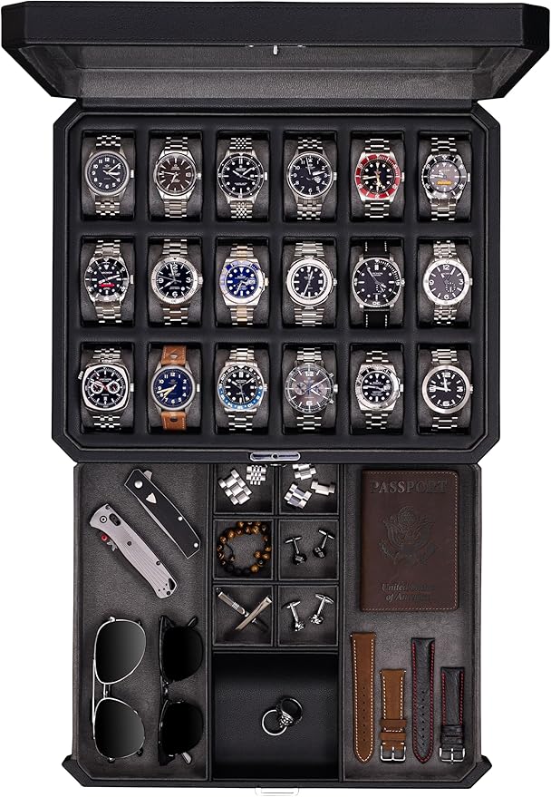 ROTHWELL 18-Slot Watch Case with Drawer – Luxury Watch Box for Men, Real Glass Top, Lockable, Display Case for Collections (Black/Grey)