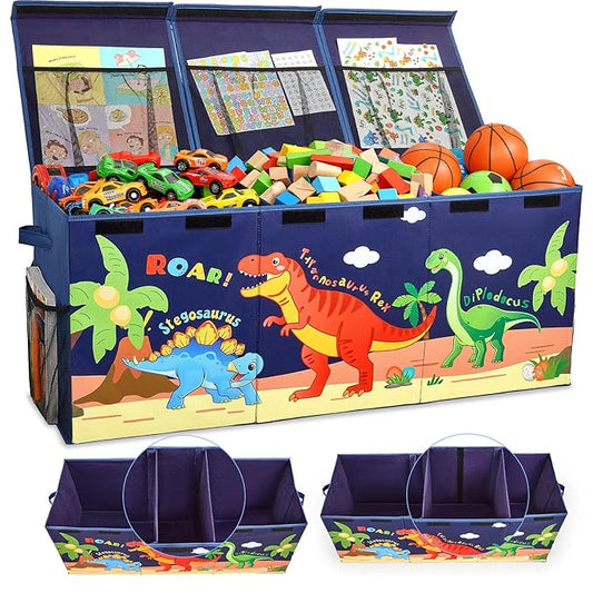 Unicorn Castle Toy Box with Adjustable Divider Toy Chest Storage Large Toy Storage Organizer Bin Collapsible with Lid Pockets for Nursery Playroom,Dark Blue Dinosaur