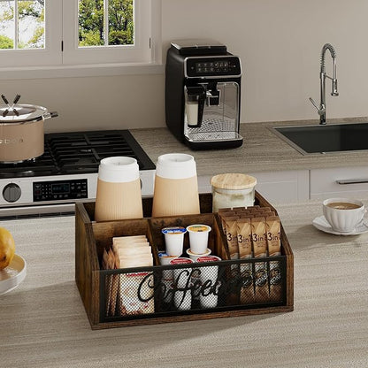 YINMIT Coffee Station Organizer for Countertop, Wood Coffee Bar Organizer with Removable Dividers for Pods, Syrup, Cups, Stirrer, Tea - Office Coffee Bar Accessories