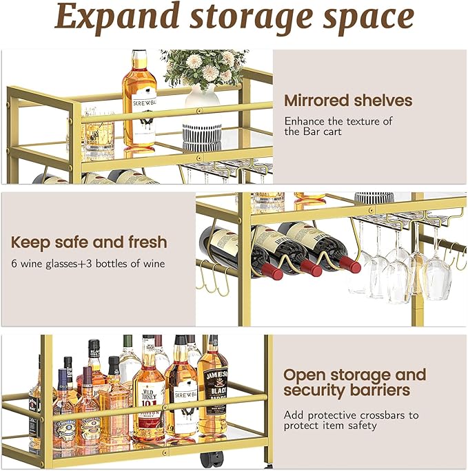 Home Bar Serving Cart, Bar Cart with 2 Mirrored Shelves, MicrowaveCart, Rolling Beverage Cart, Mobile KitchenCart with Wine Rack, Drink Cart for Dinning Room, Living Room, Kitchen, Gold