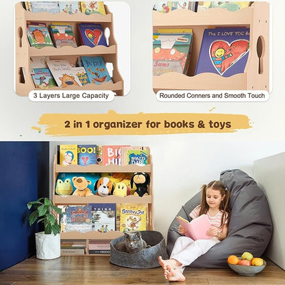 Wooden Kids Bookshelf, Book Shelf for Kids Rooms w/Scalloped Edges, Durable Childrens Bookshelf with 3 Cube Bins for Books & Toys - Toddler Montessori Bookcase Nursery