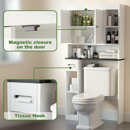Nivisre Over The Toilet Storage Cabinet with 7 Shelves, Imitation Walnut Grain Above Toilet Bathroom Organizer with Toilet Paper Holder Stand, Space Saver for Restroom, Bathroom, Laundry (White)