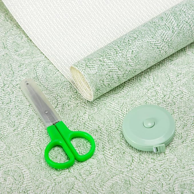 FIFTY FEET 12X120 Inch Shelf Liner with Scissor & Tape Measure for Kitchen Cabinets, PVC Drawer Liner for Dresser Non-Slip Bathroom, Non-Adhesive Cabinet Liner Washable (Green)