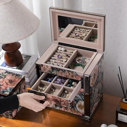 Homruilink High End Glass Jewelry Box - 5 Layer Jewelry Organizer with 2-Sided Doors and Mirror - Velvet-Lined Organizer For Ring, Necklace, Earring, Bracelet Storage - Christmas Gifts For Women