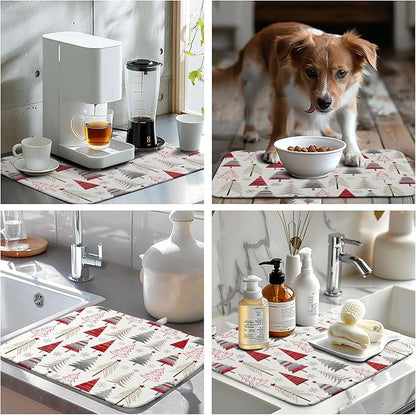 Wnoesat Christmas Dish Drying Mats for Kitchen Counter Xmas Tree Drying Mat Winter Holiday Dishes Drying Pad Microfiber Absorbent Dish Draining Mat Washable Dish Drainer Rack Mat 16x18 Inch