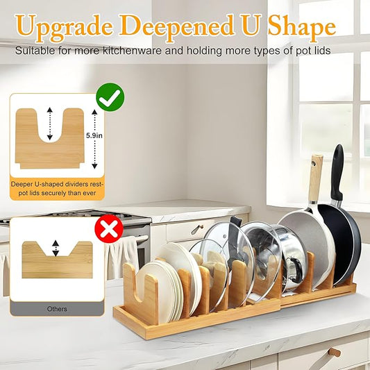 MinBoo Bamboo Expandable Pot Lid Organizer, Pot and Pan Organizer Drawer Organizer for Pot Lids, Adjustable 8 U-Shaped Dividers for Kitchen Cabinet Organizers and Storage (Bamboo-1)