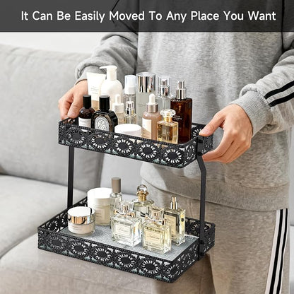 xiaojuande-Two Layer Glass Storage Tray with Portable Dressing Table Skin Care Product Organization Rack Corner Storage Rack for Bathroom Counter High-end Light Luxury Display Plate - Gold (Black)