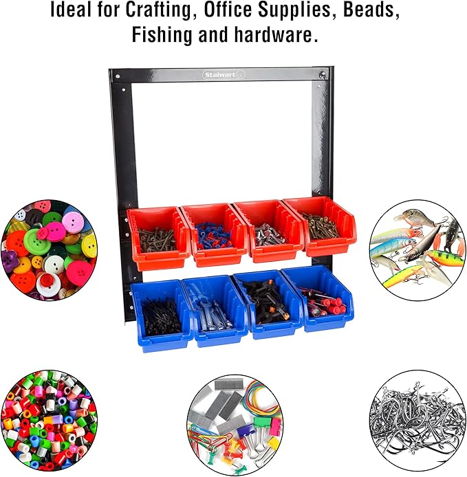 8 Bin Storage Rack Organizer- Wall Mountable Garage Shelving with Removeable Bins for Tools, Hardware, Crafts, Office Supplies and More by Stalwart