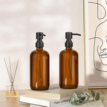 AmazerBath Amber Glass Soap Dispenser, 2 Pack Soap Dispenser Set with Stainless Steel Pump, Vintage Liquid Brown Soap Dispensers Bottle, 17 Oz Dish Soap and Hand Soap Dispensers for Bathroom Kitchen